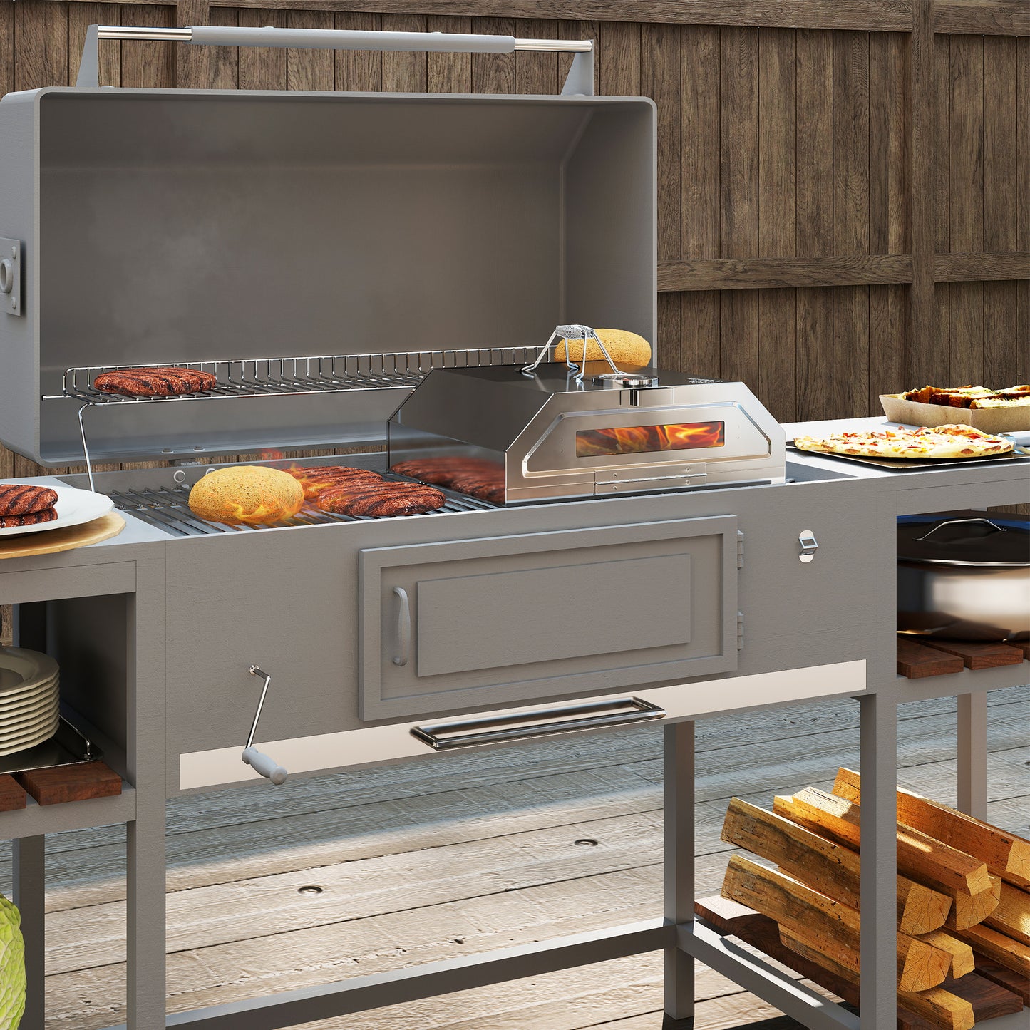 Outsunny 8 in Portable Stainless Steel BBQ Grill Top Pizza Oven with Built-in Thermometer and Viewing Window for Gas and Charcoal BBQ Grills, Includes Carry Handles, Pizza Stone and Peel, Silver Tone