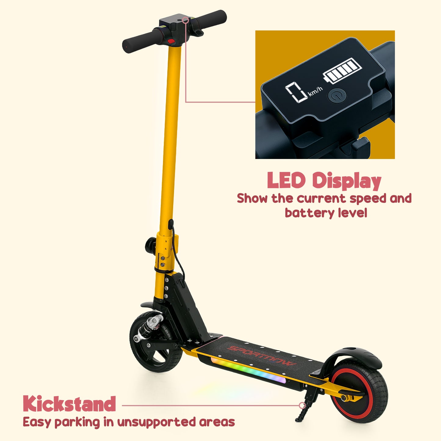 SPORTNOW Folding Electric Scooter for Kids, with Dual Brakes, Front Suspension, LED Colourful Lights, Gold Tone