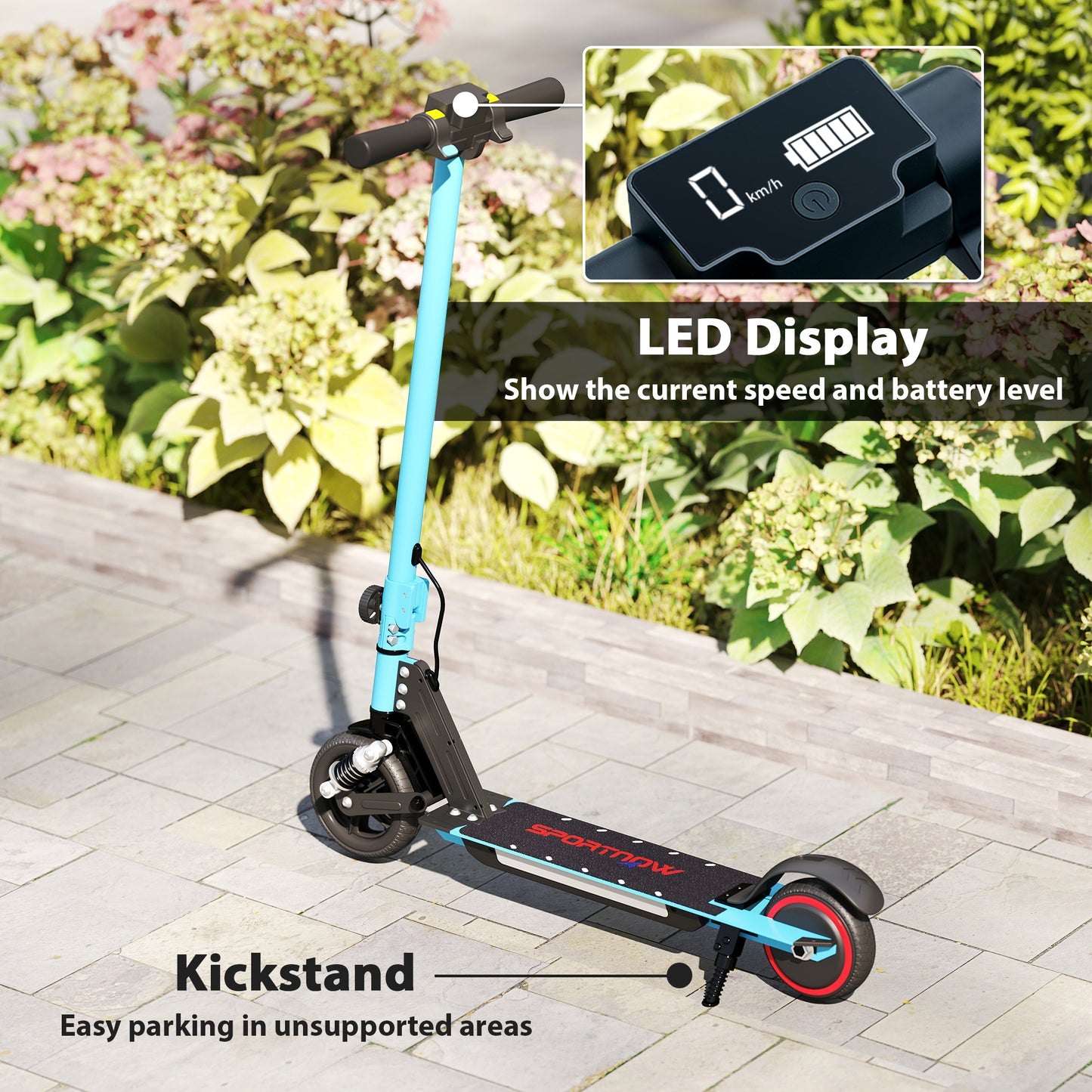 SPORTNOW Folding Electric Scooter for Kids, with Dual Brakes, Front Suspension, LED Colourful Lights, Blue