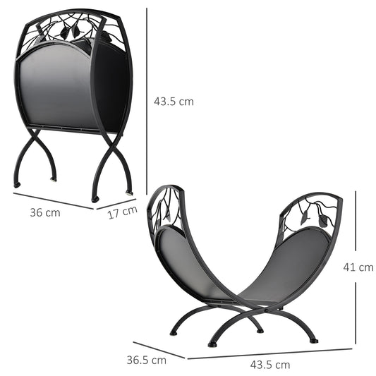 Outsunny Metal Arced Firewood Log Holder Indoor Outdoor Folding Firewood Rack Fireplace Wood Storage Shelf w/ Leaf Pattern Design, Black, 43.5W x 36.5D x 41H cm