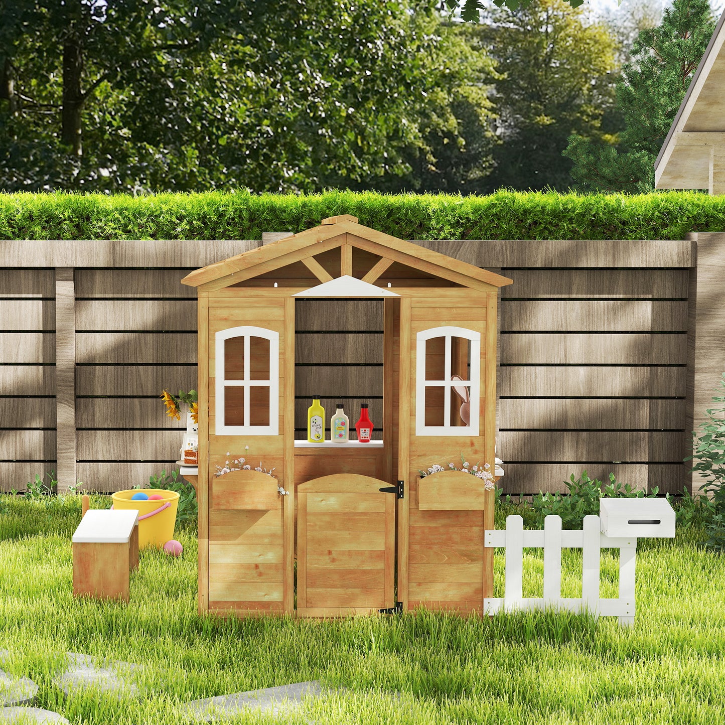 Outsunny Wooden Playhouse for Kids with Door, Windows, Mailbox, Flower Pot Holder, Serving Station, Bench for Children, Yellow
