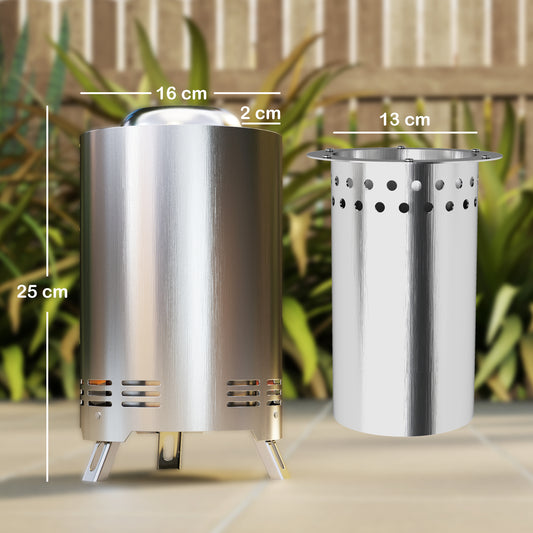 Outsunny Smokeless Fire Pit, 16 x 16 cm Stainless Steel Portable Wood Burning Firepit with Poker, Wood or Pellet Fuelled Tabletop Fire Pit for Garden Camping Bonfire Party, Silver Tone