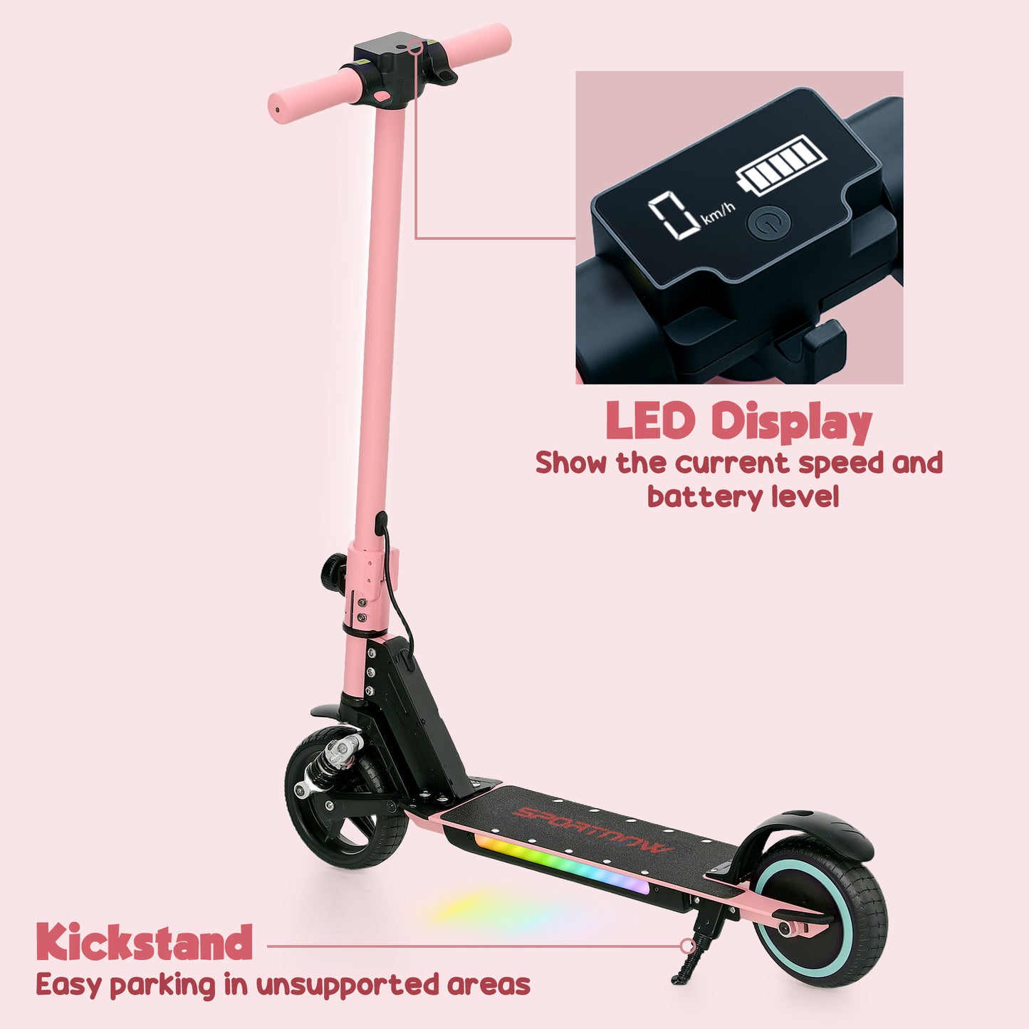 SPORTNOW Electric Scooter for Kids, Folding E Scooter for Age 6-14 with Dual Brakes, Up to 14 KM/H, Maximum Range 6 KM, 6.8kg Lightweight, Front Suspension, LED Colourful Lights, Pink