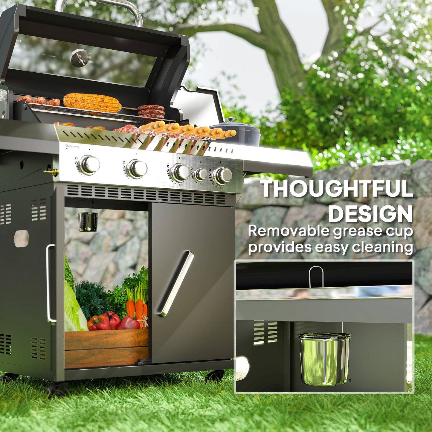 Outsunny 4+1 Burner Gas BBQ Grill with Clear View Lid, Portable Gas Barbecue Grill with Built-in Thermometer, Side Table, Cabinet, Wheels, Grease Tray for Garden Party Outdoor Cooking, Black