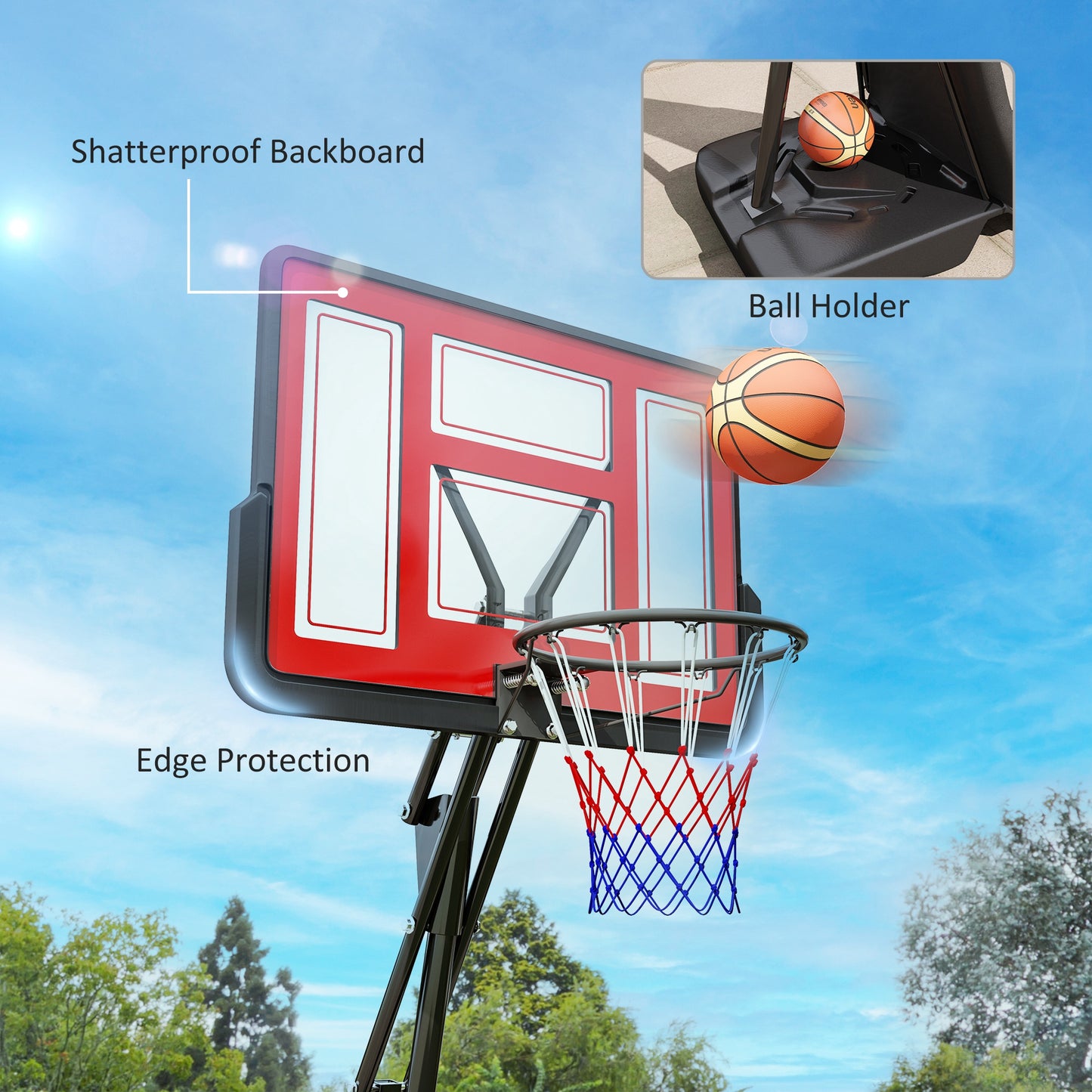 SPORTNOW 245-305cm Adjustable Basketball Hoop and Stand, with Wheels, Red
