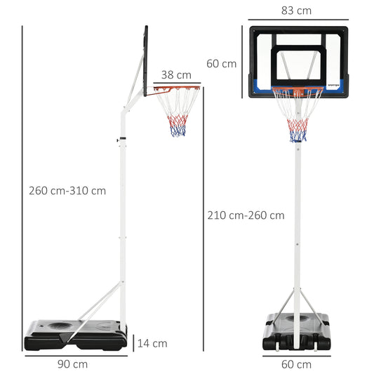 SPORTNOW 2.6-3.1m Adjustable Basketball Hoop and Basketball Stand w/ Backboard and Weighted Base, Portable on Wheels, White