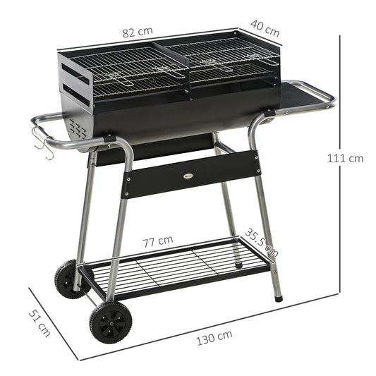 Outsunny Charcoal Barbecue Grill BBQ Trolley with Double Grill, Adjustable Grill Height, Side Table, Storage Shelf, and Wheels for Outdoor Cooking, 130 x 51 x 111cm, Black
