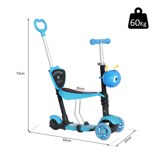 HOMCOM 5 in1 Kids Scooter 3 Wheel Toddler scooter Kick Scooter with Adjustable Handlebar, Removable Seat & Back Rest for 18 Month+, Blue