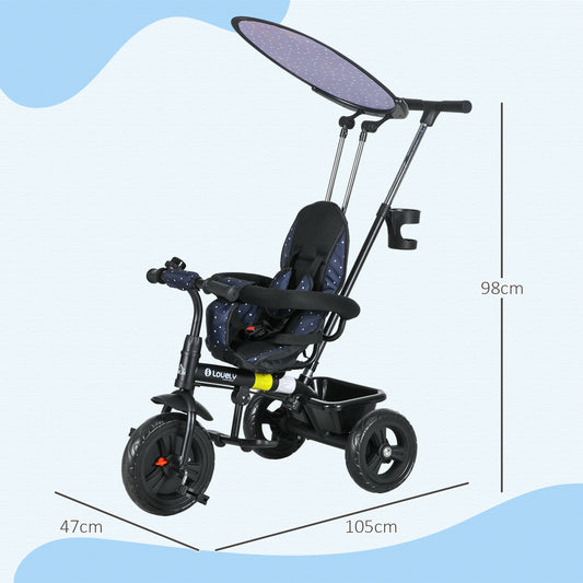 HOMCOM 6 in 1 Tricycle for Kids with 5-point harness straps, Removable Canopy, Dark Blue