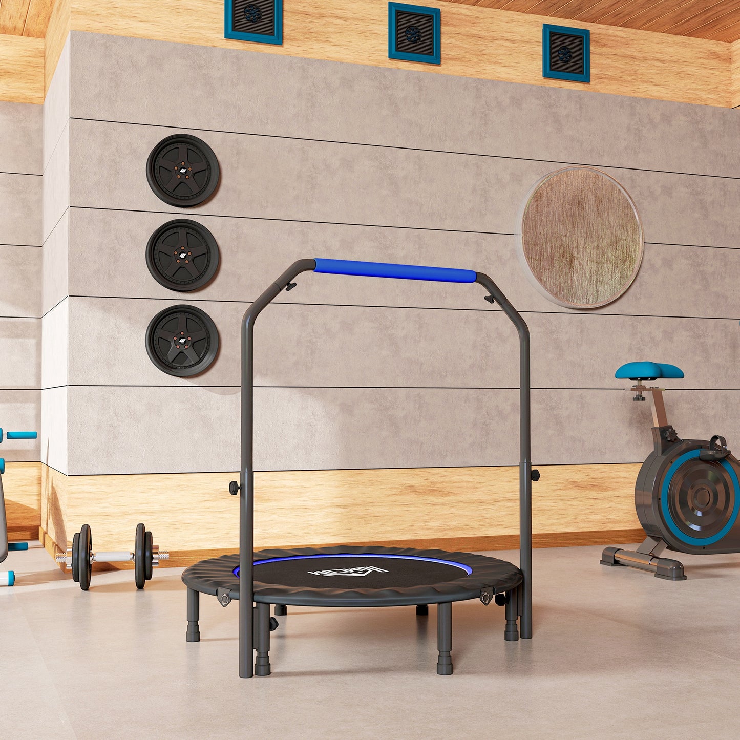 HOMCOM 45" Foldable Mini Fitness Trampoline, with Adjustable Foam Handle, Blue