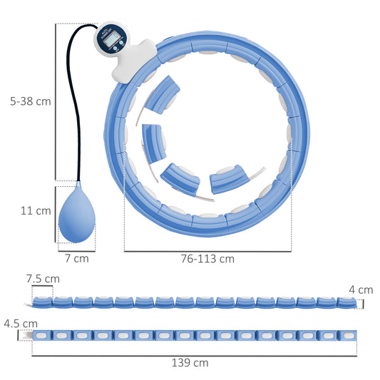 SPORTNOW Smart Weighted Hula Hoop, Massage Hula Ring w/ 16 Detachable Knots, 360° Auto-Rotating Ball, Digital Counter Light Blue