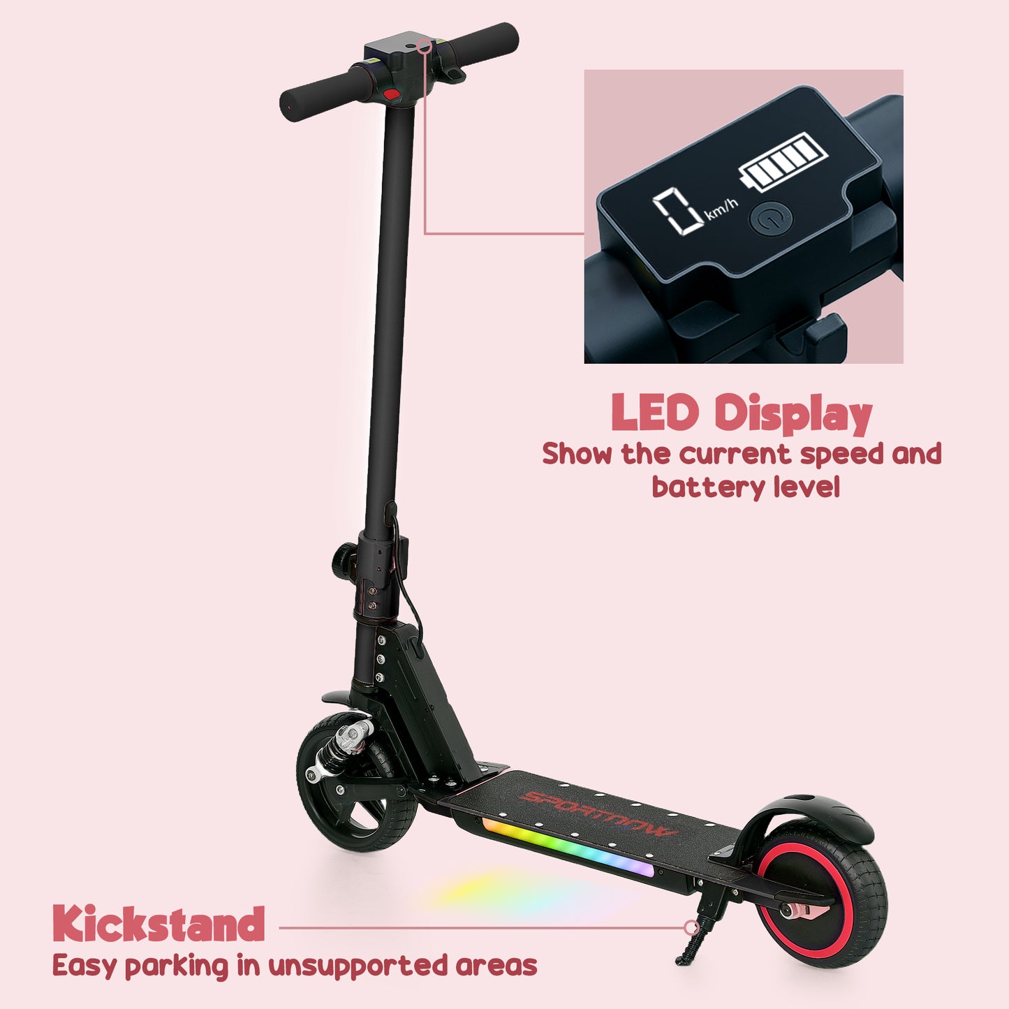 SPORTNOW Folding Electric Scooter for Kids, with Dual Brakes, Front Suspension, LED Colourful Lights, Black