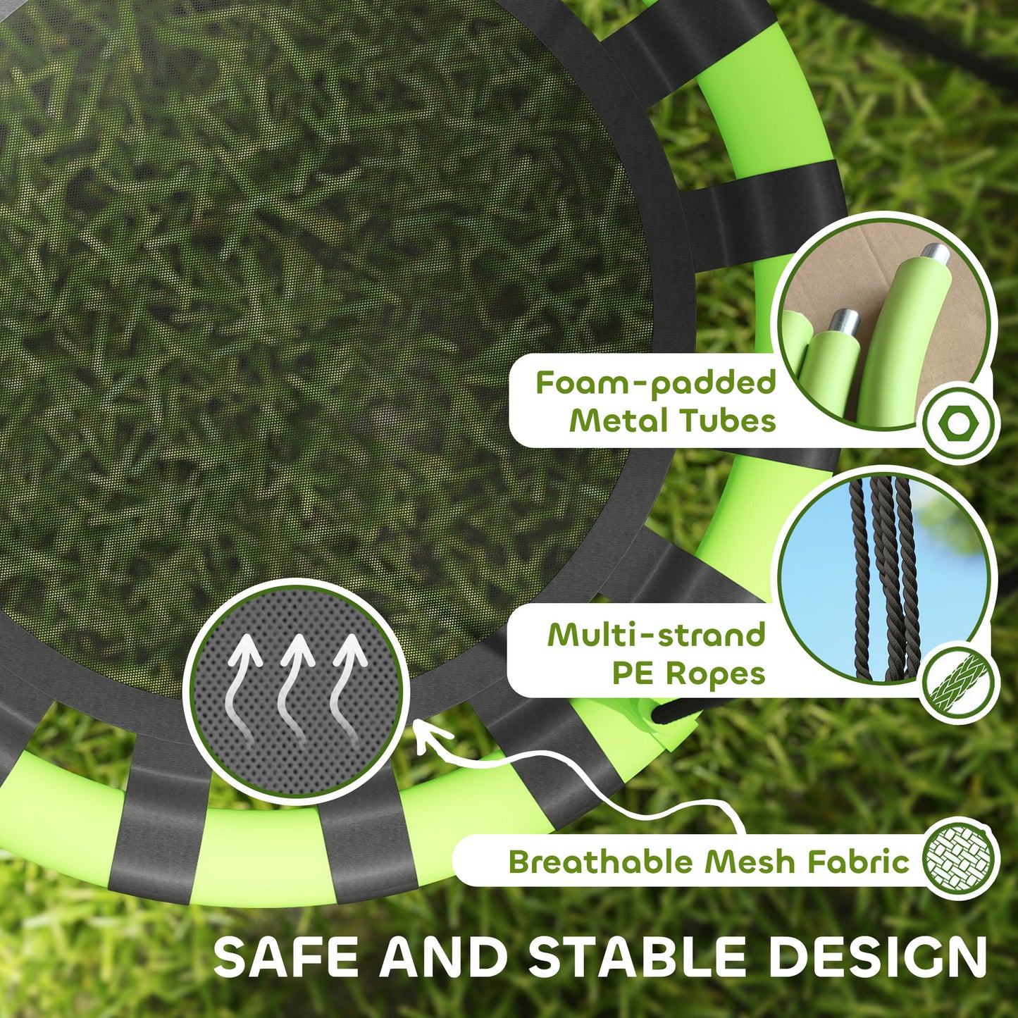 AIYAPLAY 60cm Diameter Kid Nest Swing Seat with Height Adjustable Ropes, for Outdoor, Indoor, Black/Green