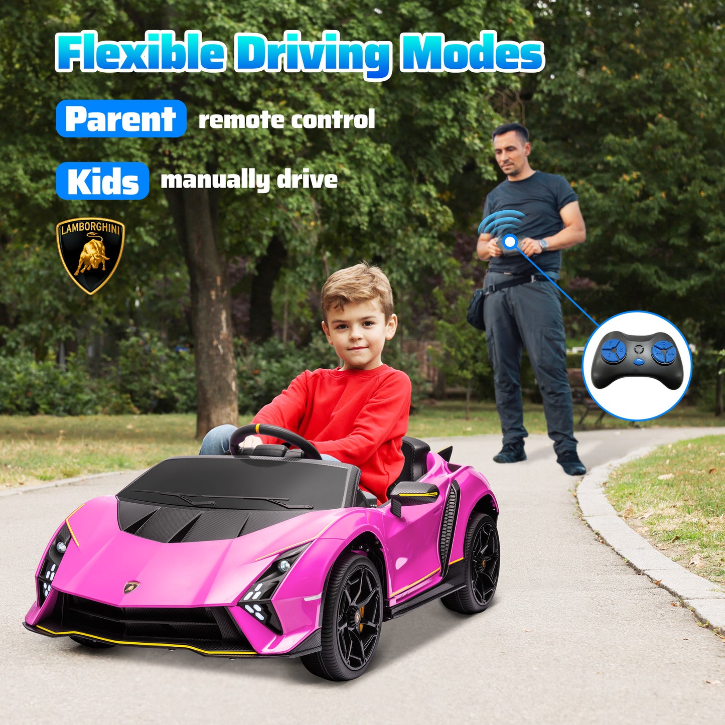 AIYAPLAY 12V Lamborghini Autentica Licensed Kids Electric Car with Remote Control, 4 Suspension Wheels, Soft Start, Pink