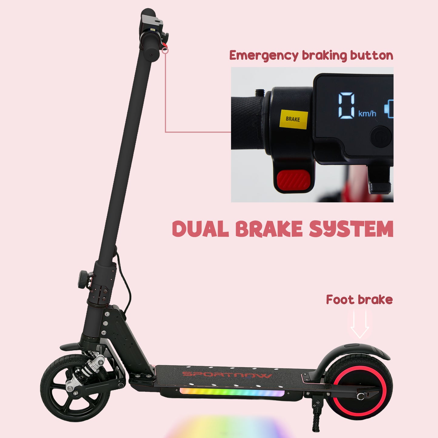 SPORTNOW Folding Electric Scooter for Kids, with Dual Brakes, Front Suspension, LED Colourful Lights, Black