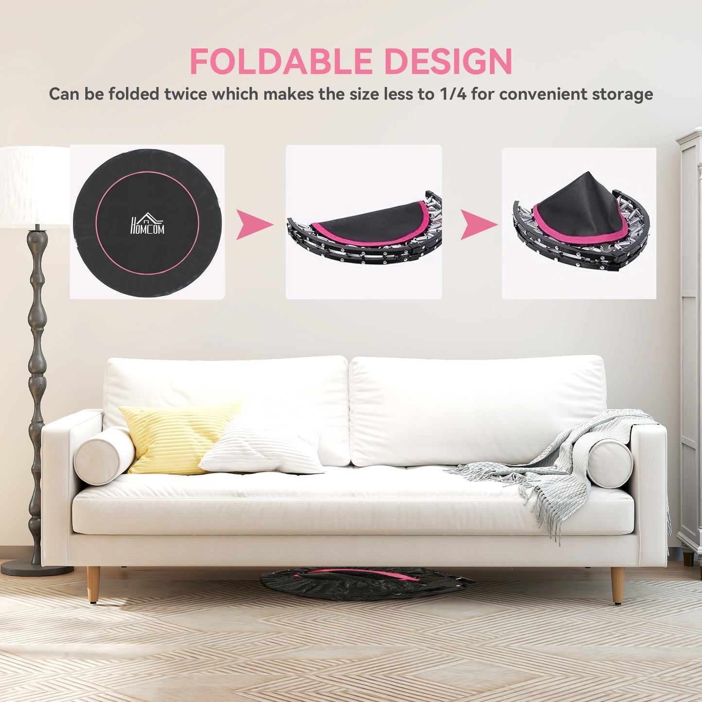 HOMCOM 48" Foldable Mini Fitness Trampoline, with Adjustable Foam Handle, Pink