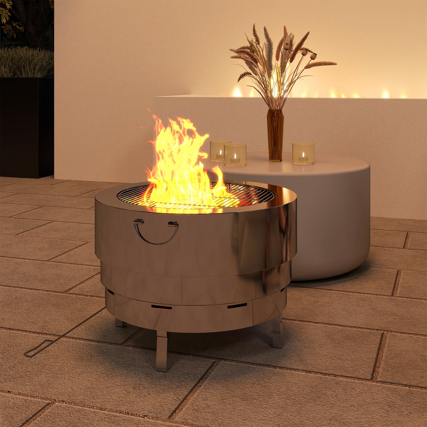 Outsunny Stainless Steel Wood-burning Fire Pit with Fire Poker - Silver