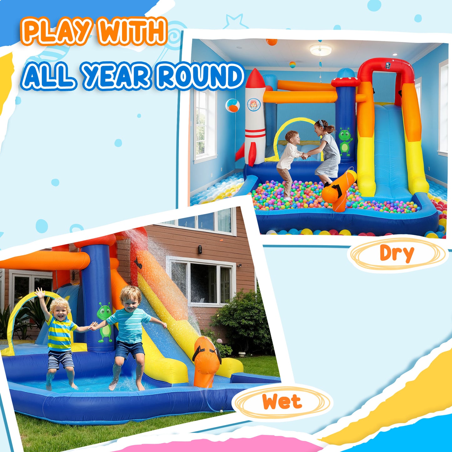 AIYAPLAY 5 in 1 Bouncy Castle for Children with 550W Blower, Water Slide, Splash Pool, Jumping Area, Climbing Wall, Cannon