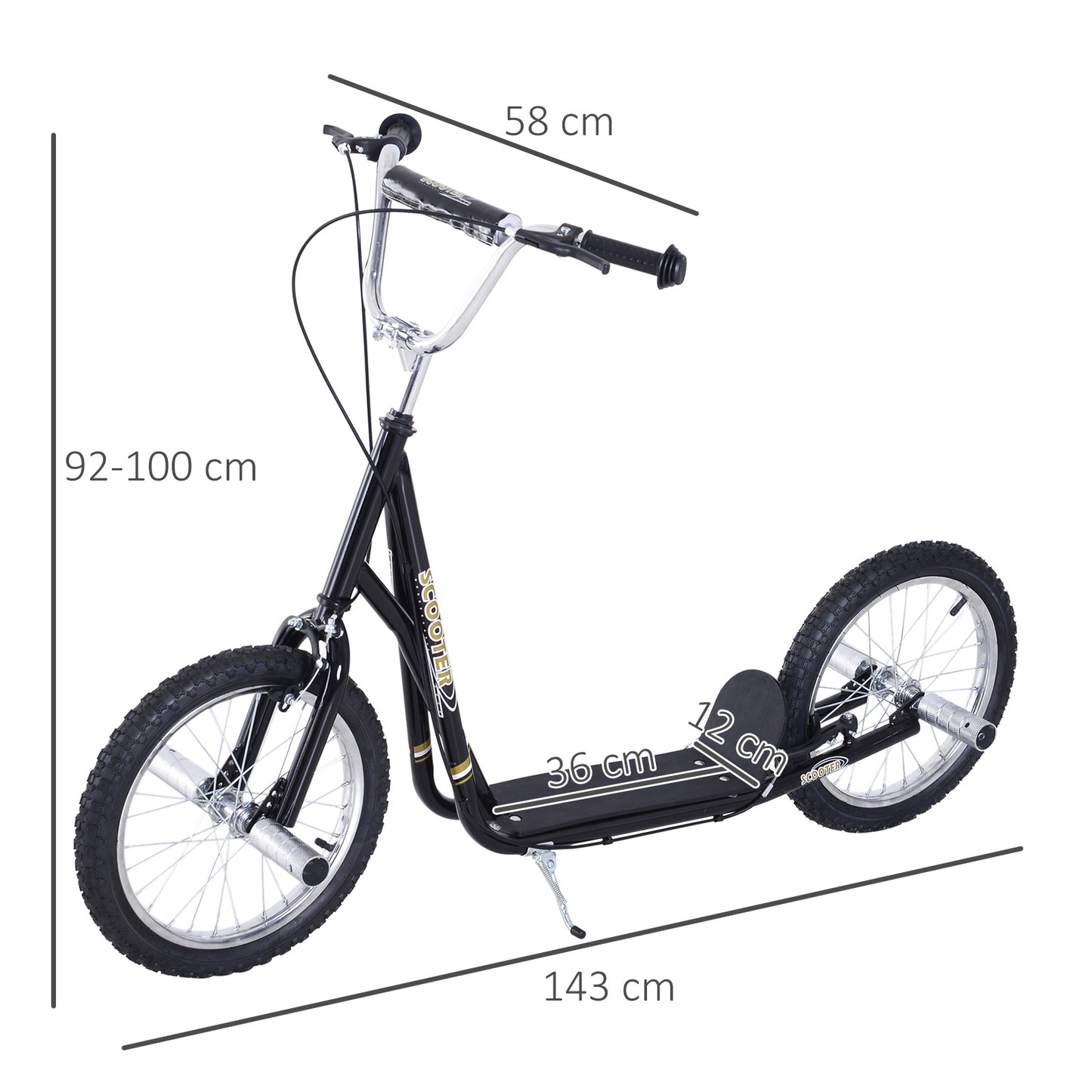 HOMCOM Stunt Scooter, Kids Scooter with 16" Big Wheels, Adjustable Height, Dual Brakes, for Ages 5+ Years, Black