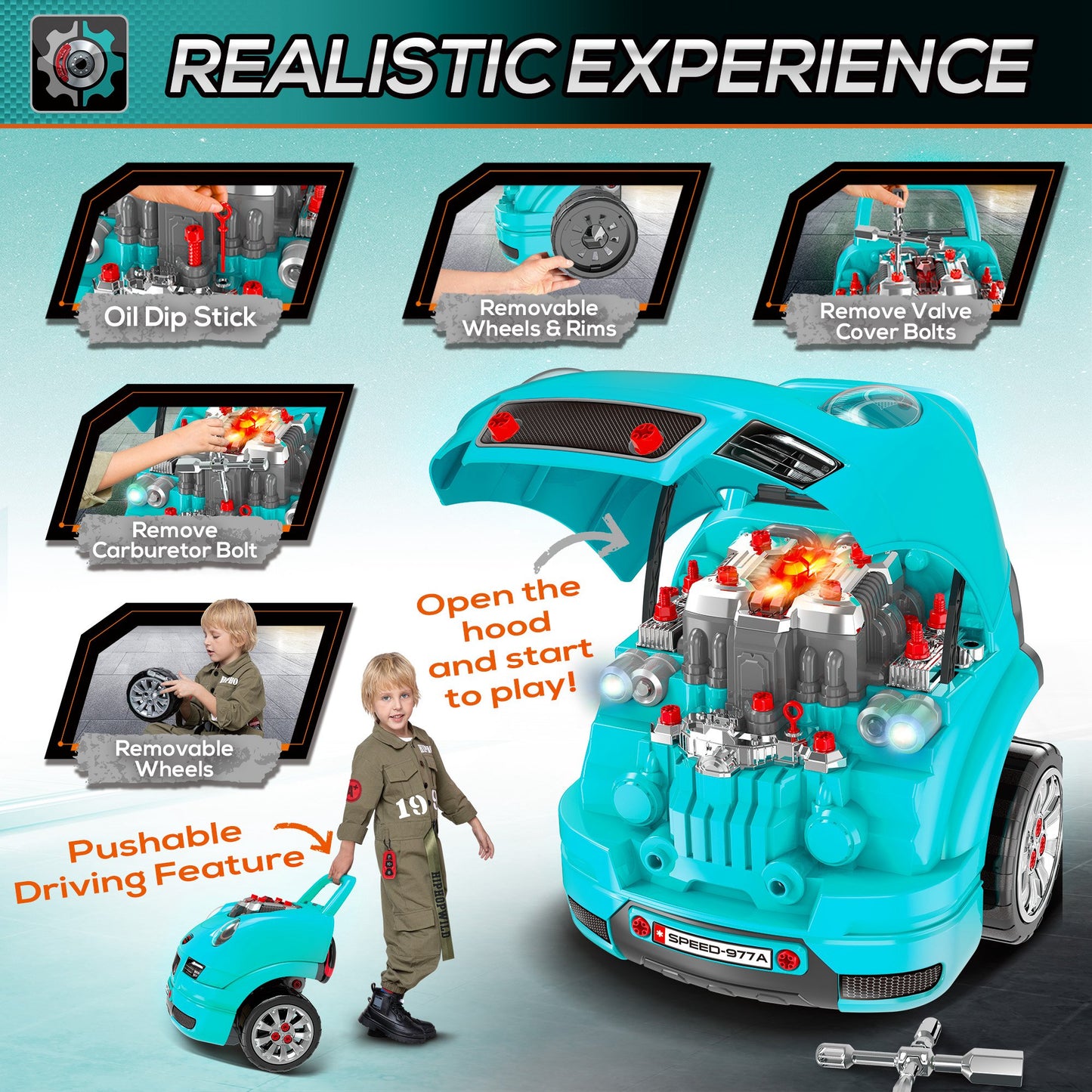 HOMCOM Kids Truck Engine Toy Set, Toddler Educational Car Service Station Playset with Horn, Light, RC Key, DIY Stickers, Four Adjustable Gears for Ages 3-5 Years, Teal