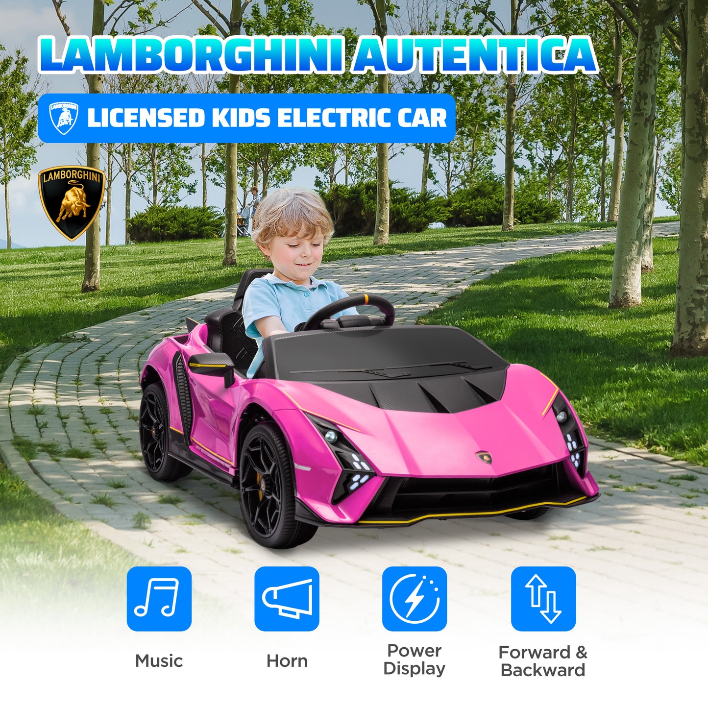 AIYAPLAY 12V Lamborghini Autentica Licensed Kids Electric Car with Remote Control, 4 Suspension Wheels, Soft Start, Pink
