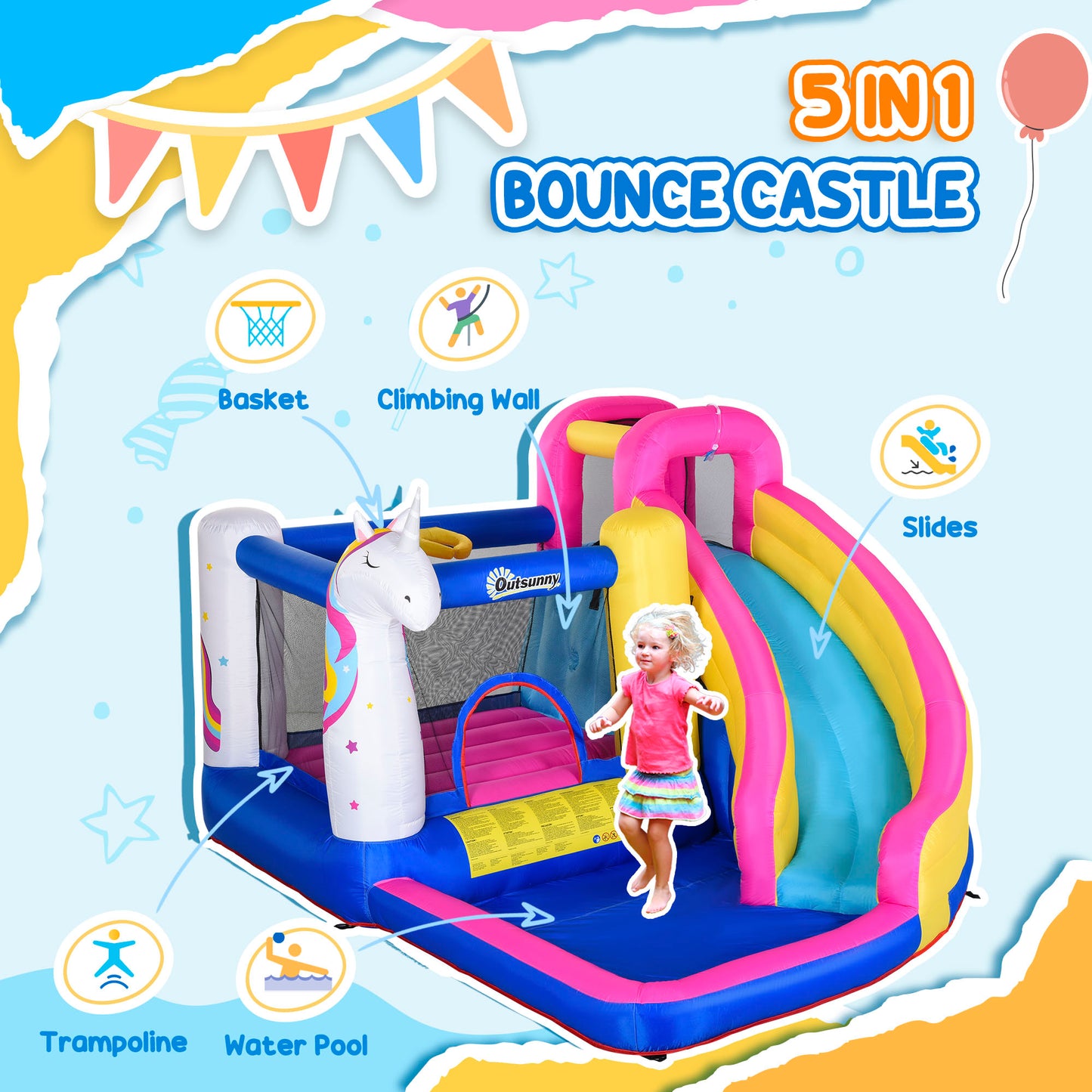 Outsunny 5 in 1 Bouncy Castle, with Blower, for Ages 3-8 Years - Multicoloured