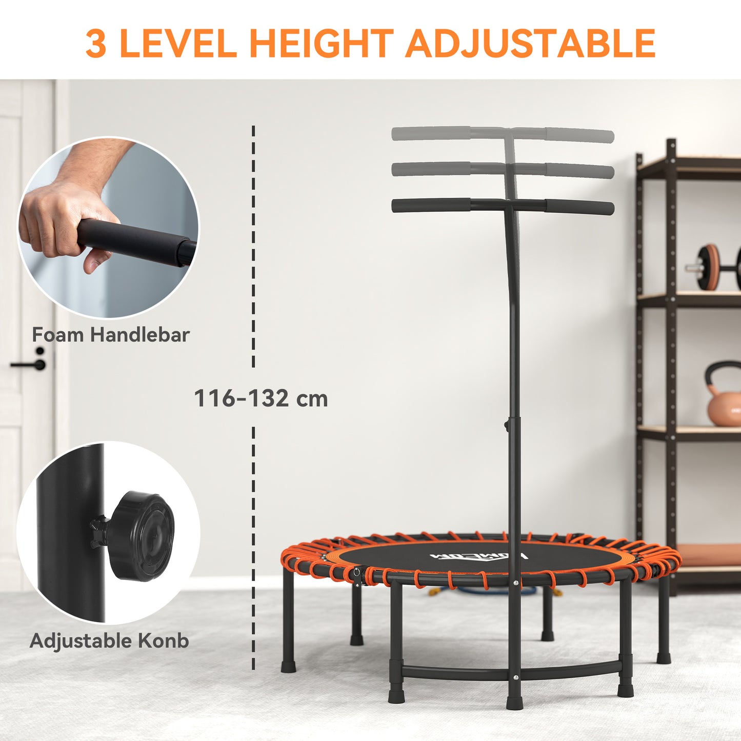 HOMCOM Mini Round Steel Frame Trampoline w/ Adjustable Handle, Orange