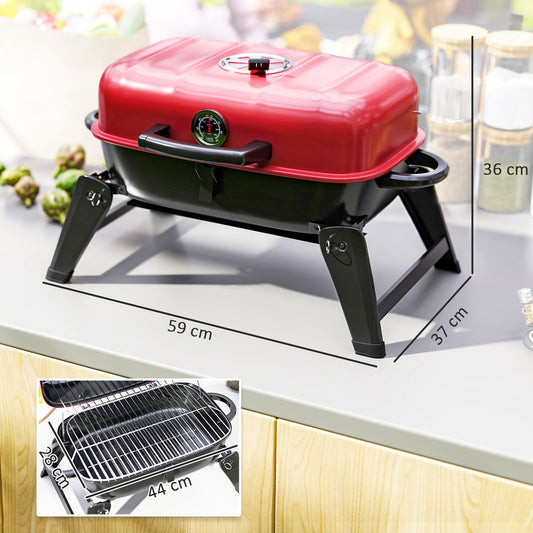 Outsunny Charcoal Barbecue Grill Folding BBQ Grill with 1232 cm² Cooking Area, Adjustable Vent, Thermometer, Handles for Camping Picnic, Red