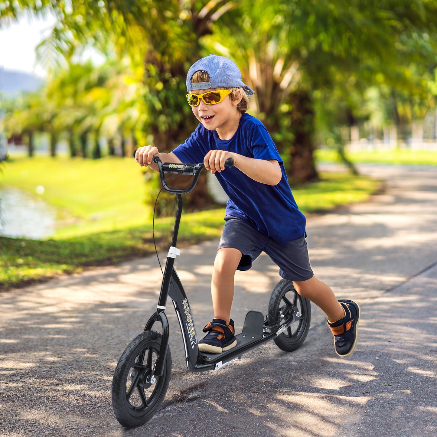 HOMCOM Kids Scooter Kick Scooter with 12" EVA Tyres, Rear Brake, Big Wheels Scooter for 5-12 Years Old, Black