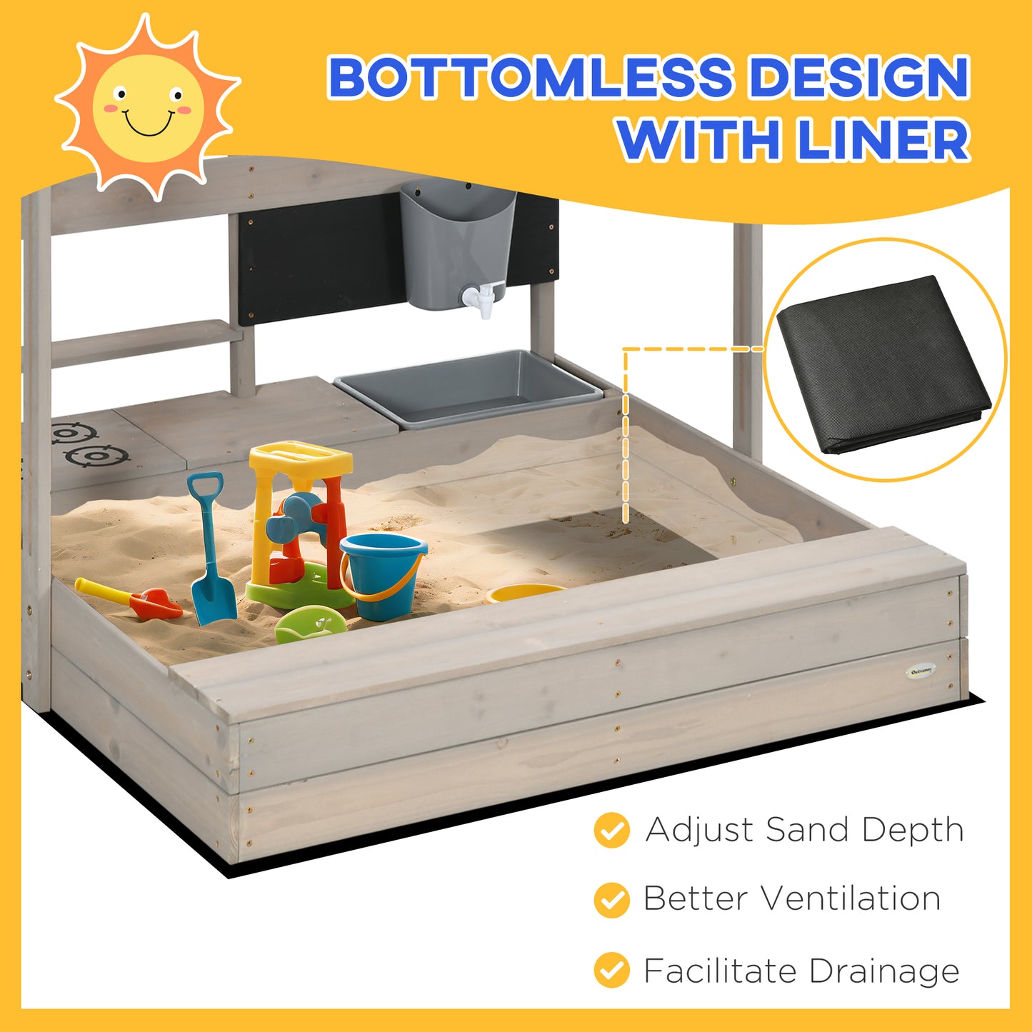 Outsunny Kids Wooden Sandbox w/ Canopy, Kitchen Toys, Seat, Storage, for 3-7 Years Old Outdoor Play