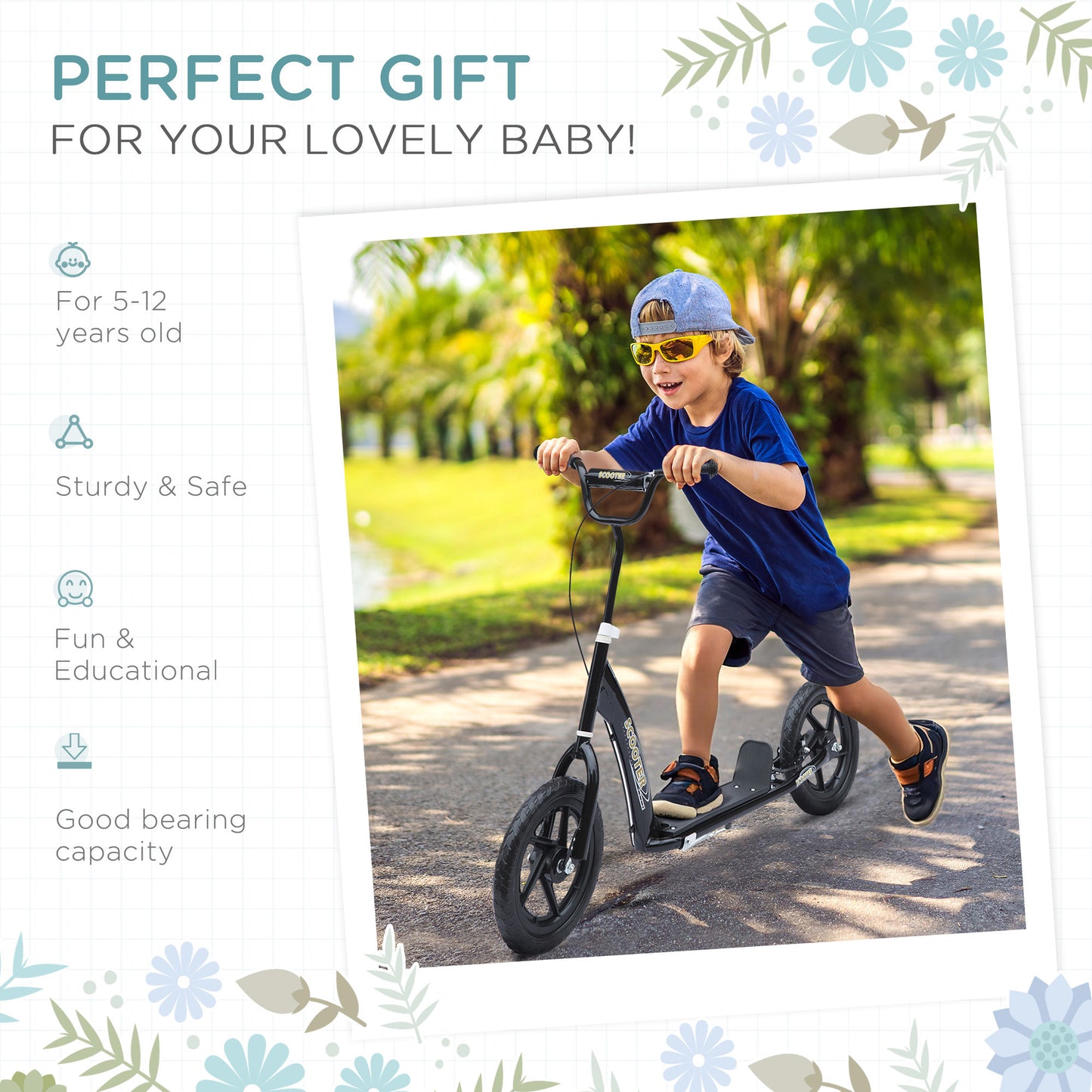 HOMCOM Kids Scooter Kick Scooter with 12" EVA Tyres, Rear Brake, Big Wheels Scooter for 5-12 Years Old, Black