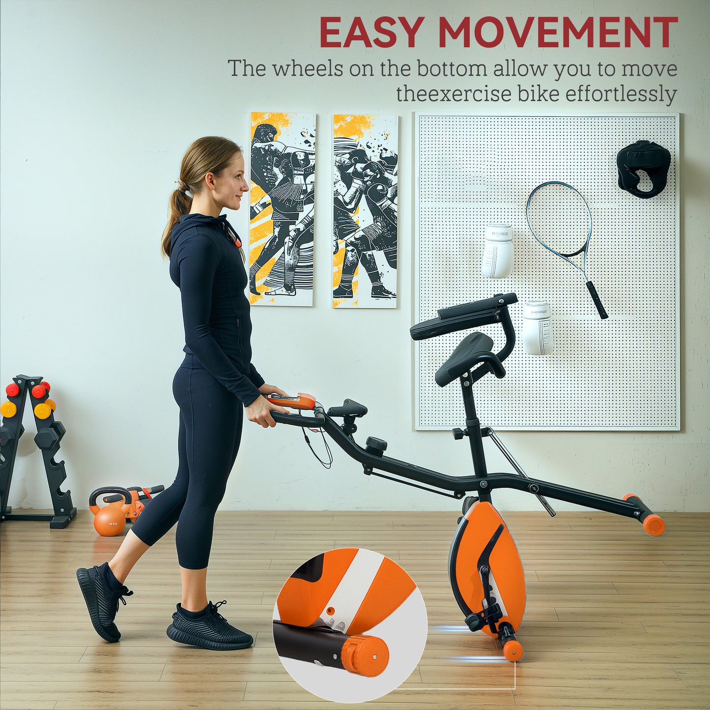 SPORTNOW Five-in-one Foldable Exercise Bike, Stationary Bike with Arm Workout Bands, LDC Monitor, Phone Holder, Orange