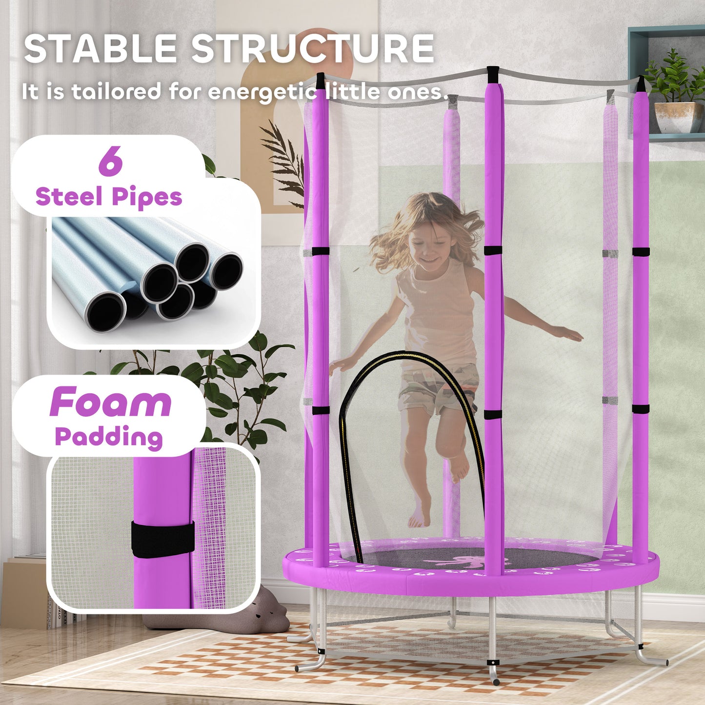 AIYAPLAY 4.6ft Toddler Trampoline w/ Safety Enclosure Net, for Indoor Outdoor Use, Ages 3-6 Years, Purple