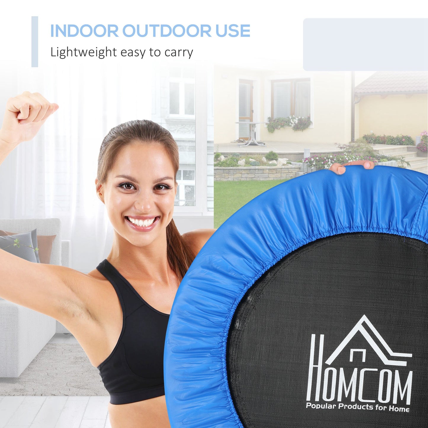 HOMCOM ?101 Mini Fitness Trampoline Home Gym Yoga Exercise Rebounder Indoor Outdoor Jumper with Safety Pad, Support Up to 100 KG, Blue and Black