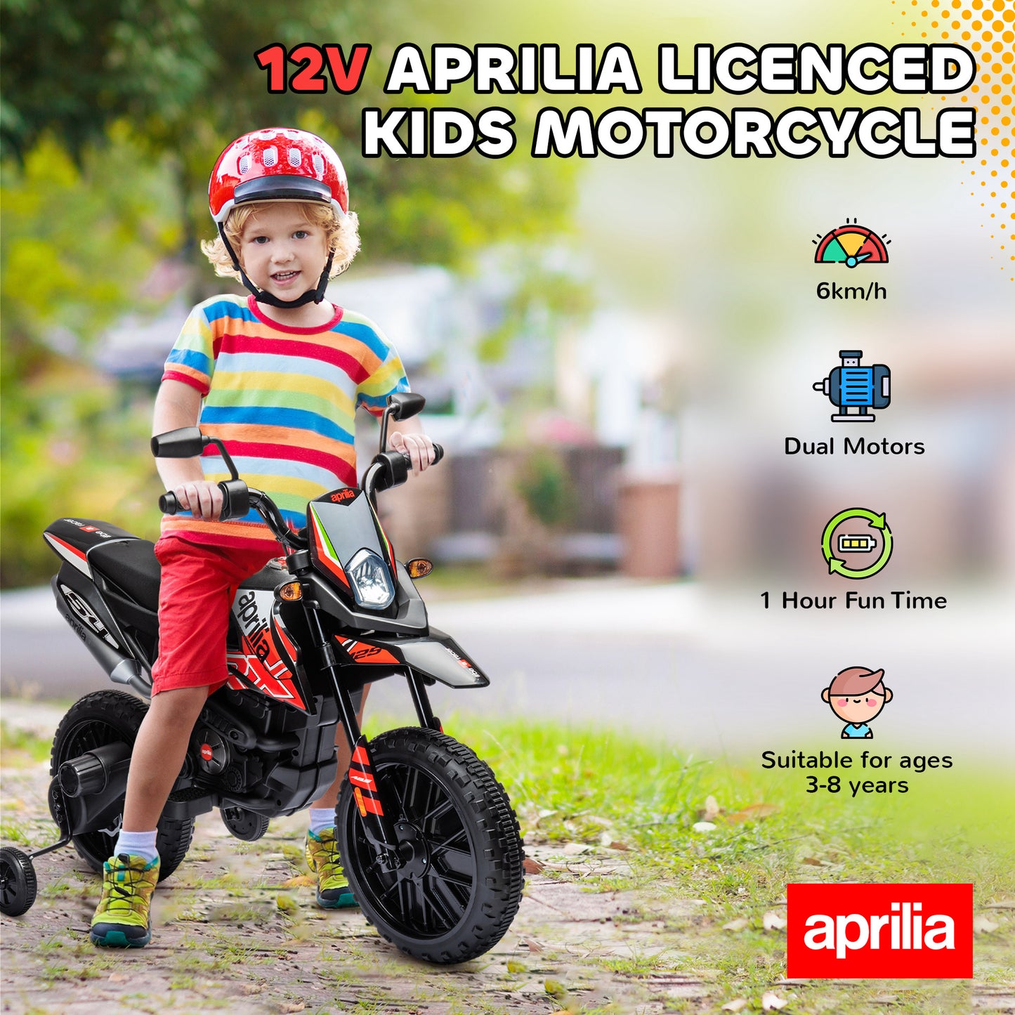 AIYAPLAY 12V Aprilia Licensed Kids Motorbike with Training Wheels, Spring Suspension, LED Headlight, USB, Music, Red/Black