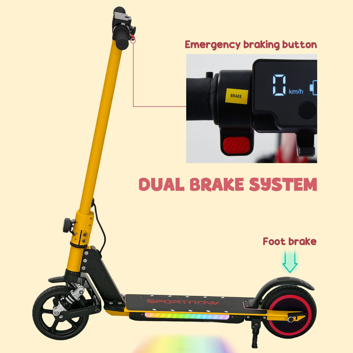 SPORTNOW Folding Electric Scooter for Kids, with Dual Brakes, Front Suspension, LED Colourful Lights, Gold Tone