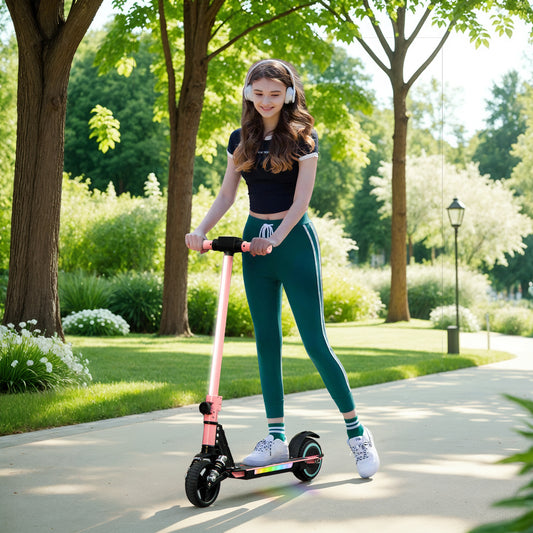 SPORTNOW Electric Scooter for Kids, Folding E Scooter for Age 6-14 with Dual Brakes, Up to 14 KM/H, Maximum Range 6 KM, 6.8kg Lightweight, Front Suspension, LED Colourful Lights, Pink