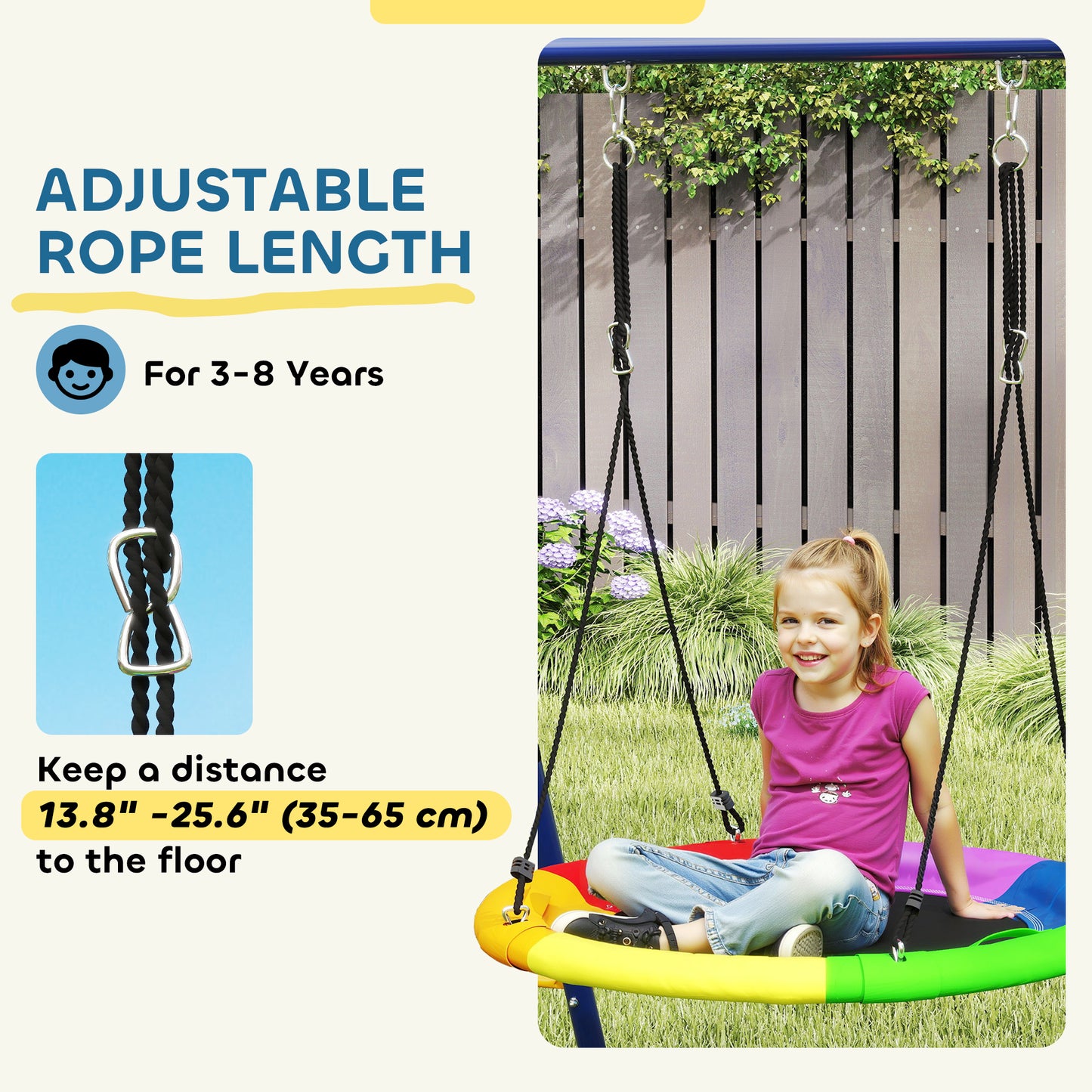 AIYAPLAY 6 in 1 Metal Kids Swing Set with 3 Swings, Climbing Ladder & Net, Basketball Hoop, for Ages 3-8