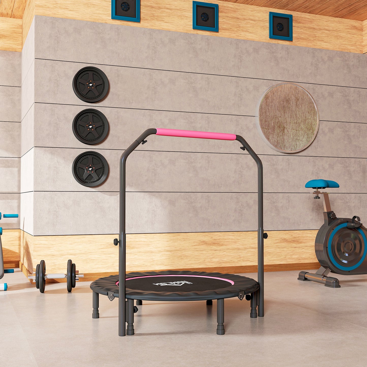 HOMCOM 45" Foldable Mini Fitness Trampoline, with Adjustable Foam Handle, Pink