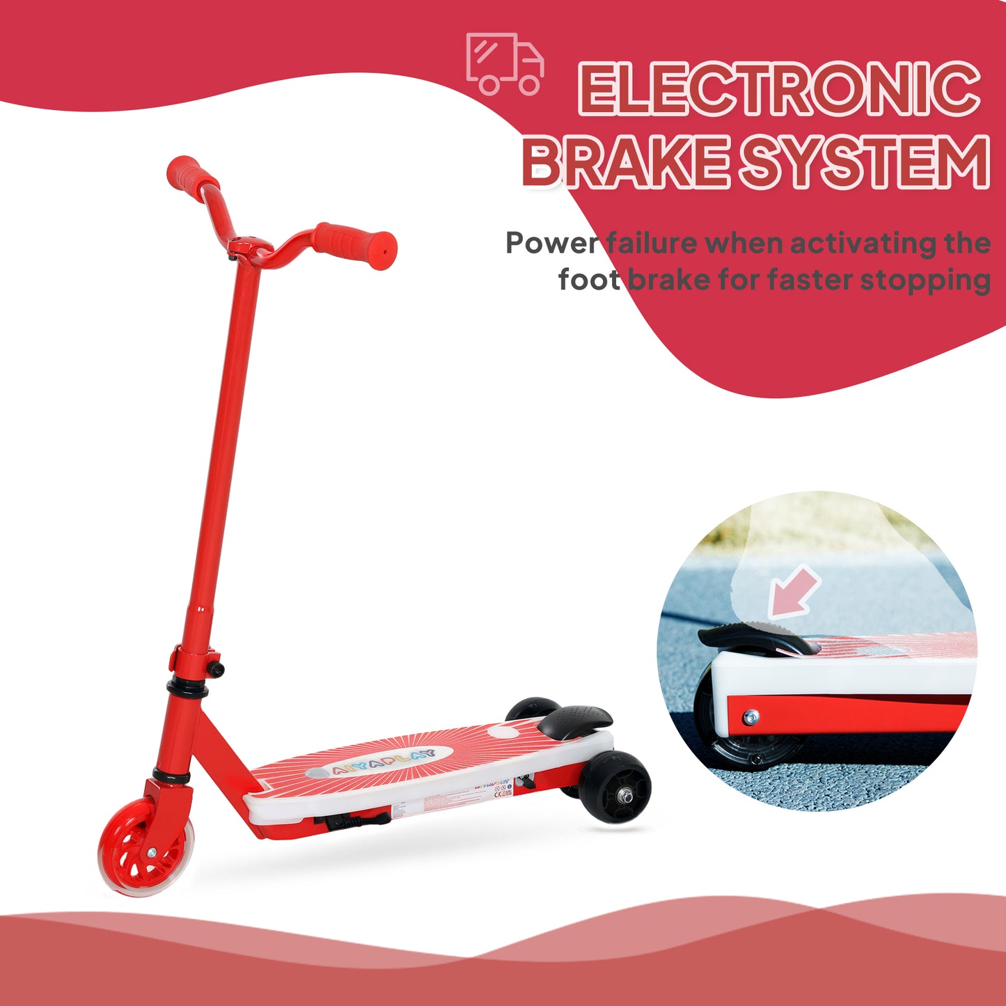 AIYAPLAY Electric Scooter for Kids Aged 4-7 Years, with Flashing LED Lights, Rear Auxiliary Wheels, Red