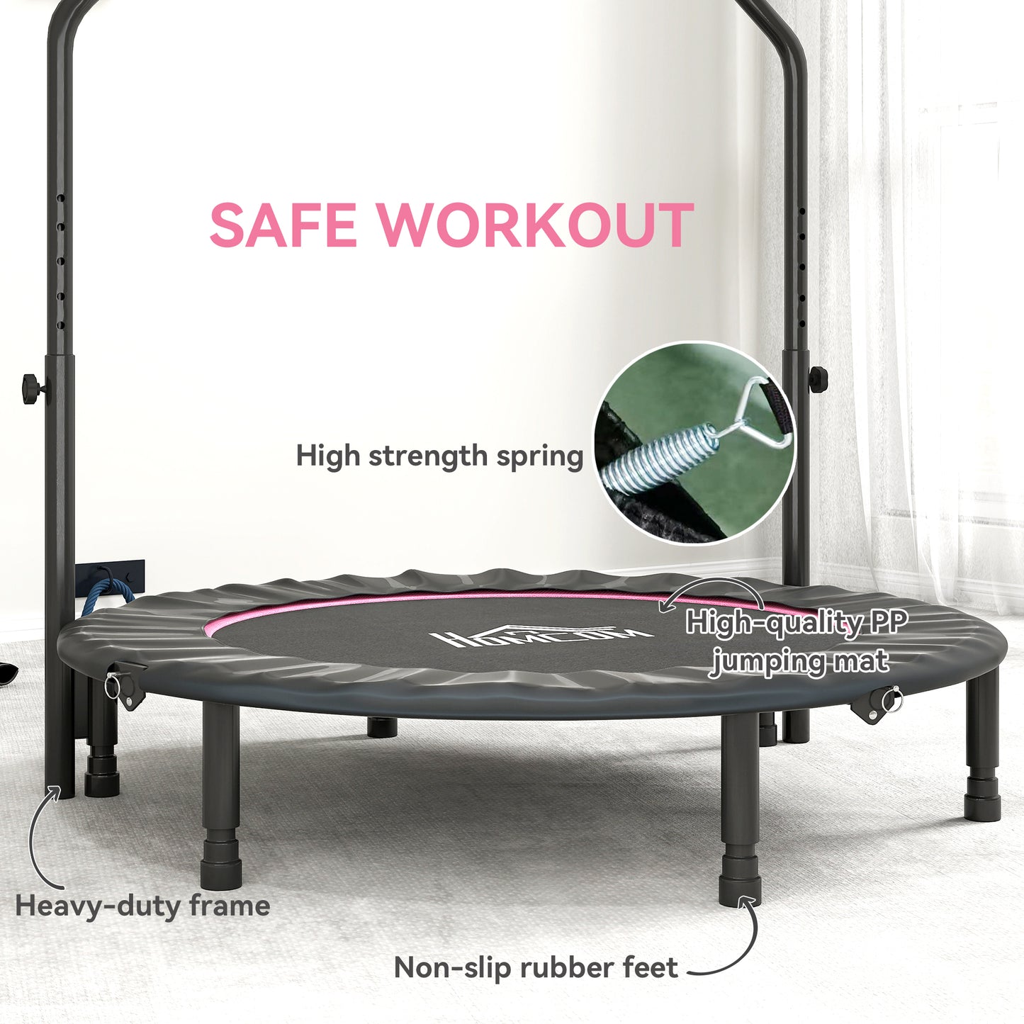 HOMCOM 48" Foldable Mini Fitness Trampoline, with Adjustable Foam Handle, Pink