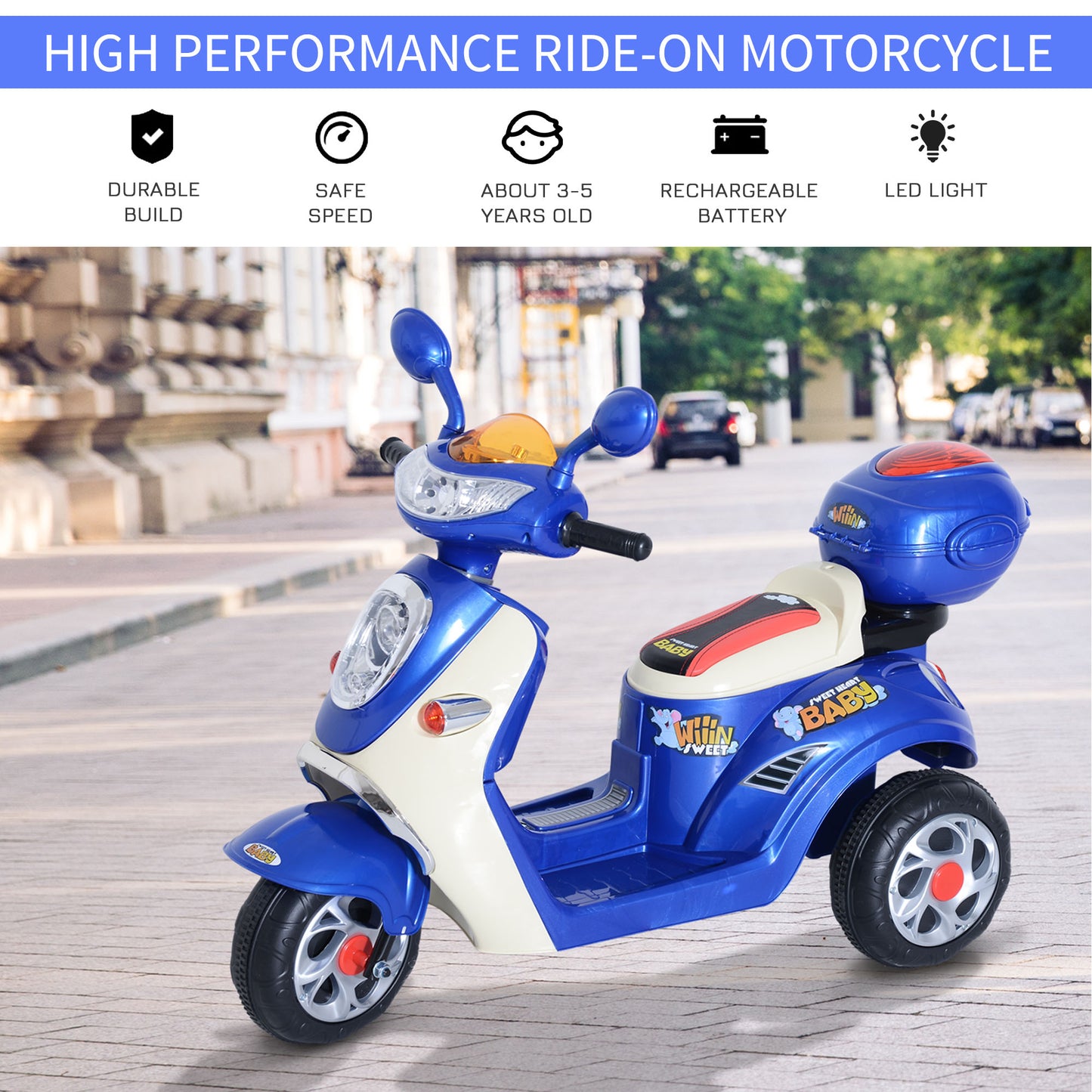 HOMCOM Kids Electric Ride On Toy Car 6V Electric Motorbike with Chargeable Battery Headlight and Music for 3-5 Years - Blue