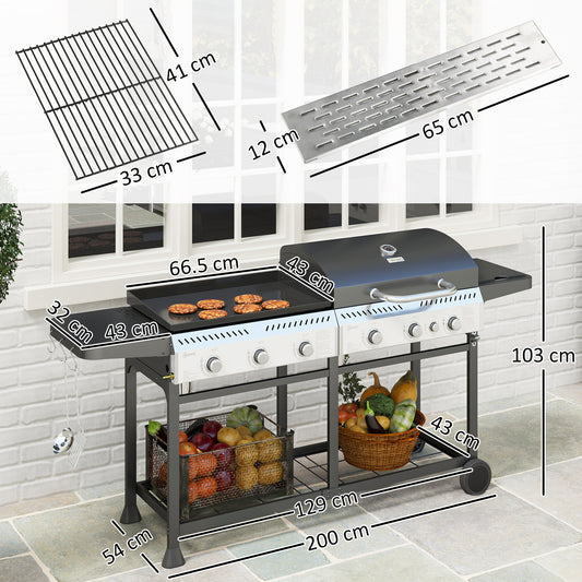 Outsunny Deluxe Duo Gas BBQ, with Grill, Plancha and Side Burner - Black