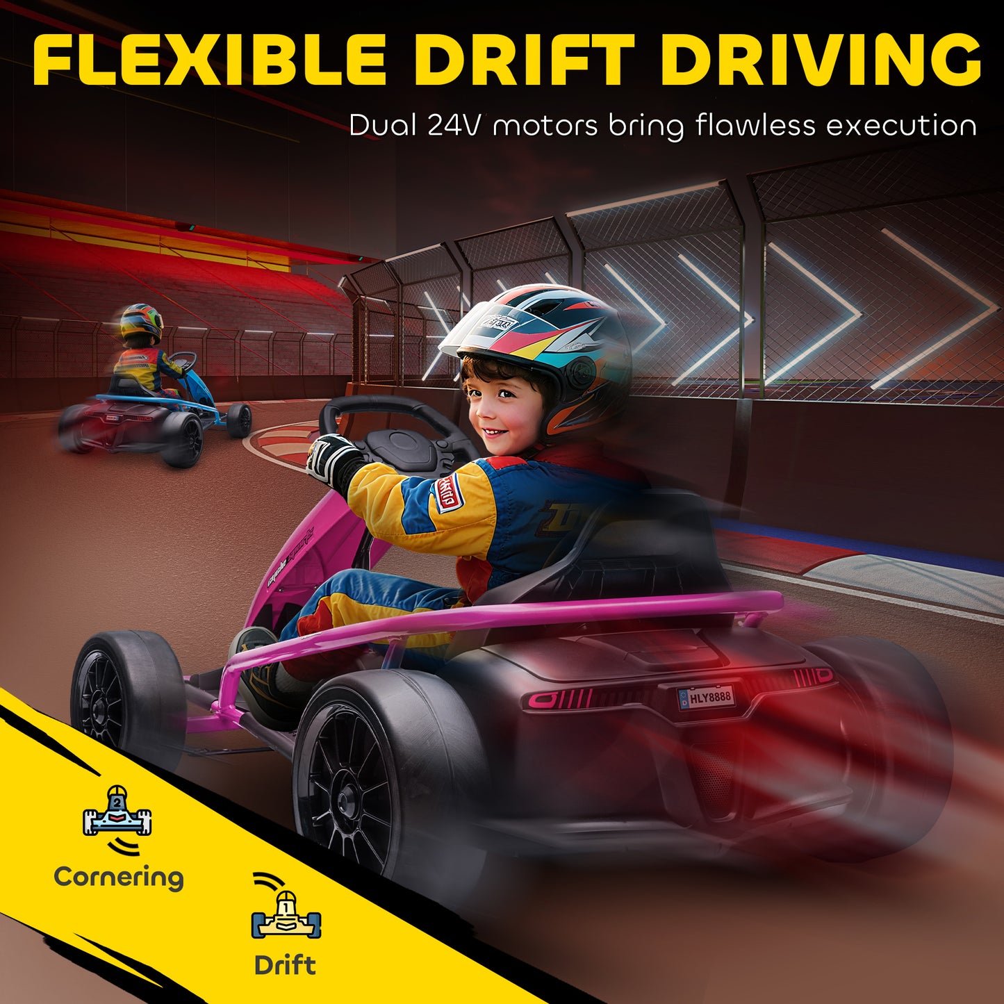 HOMCOM 24V Electric Go Kart for Kids, Drift Ride-On Racing Go Kart with 2 Speeds, for Boys Girls Aged 8-12 Years Old, Pink