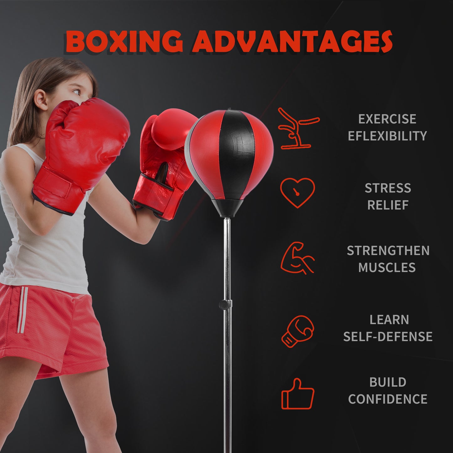 HOMCOM Training Boxing Punch Ball Set 125-145H x ?43cm with Gloves Air Pump, 4-Position Adjustable Height Freestanding Boxing Speed Ball for Teenagers Exercise Training