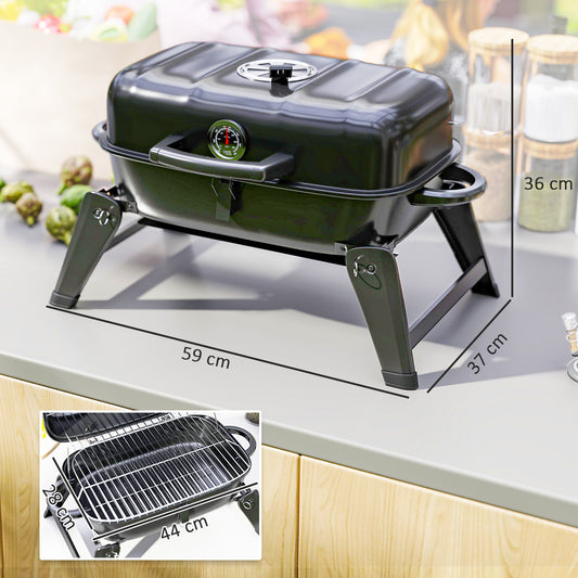 Outsunny Charcoal Barbecue Grill Folding BBQ Grill with 1232 cm² Cooking Area, Adjustable Vent, Thermometer, Handles for Camping Picnic, Black