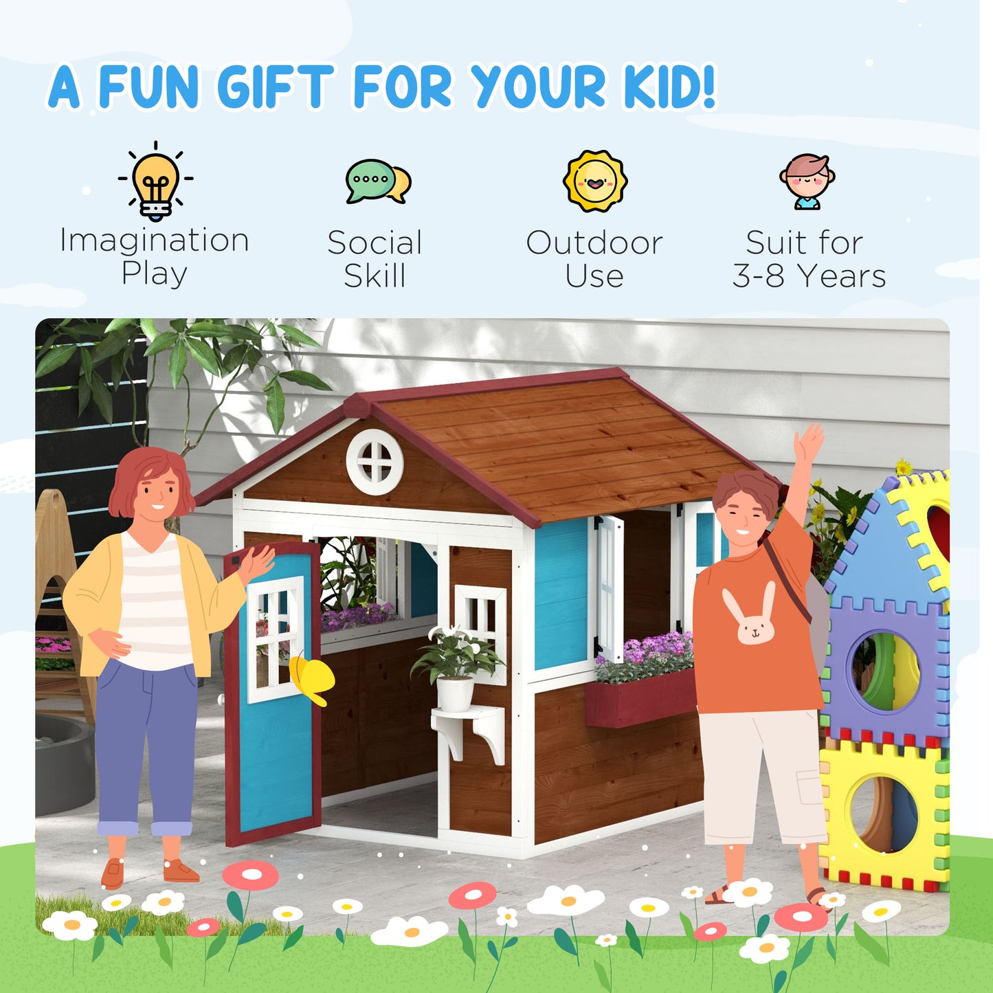 Outsunny Wooden Playhouse with Doors, Windows, Plant Pots, Boxes, for 3-8 Years - Dark Brown