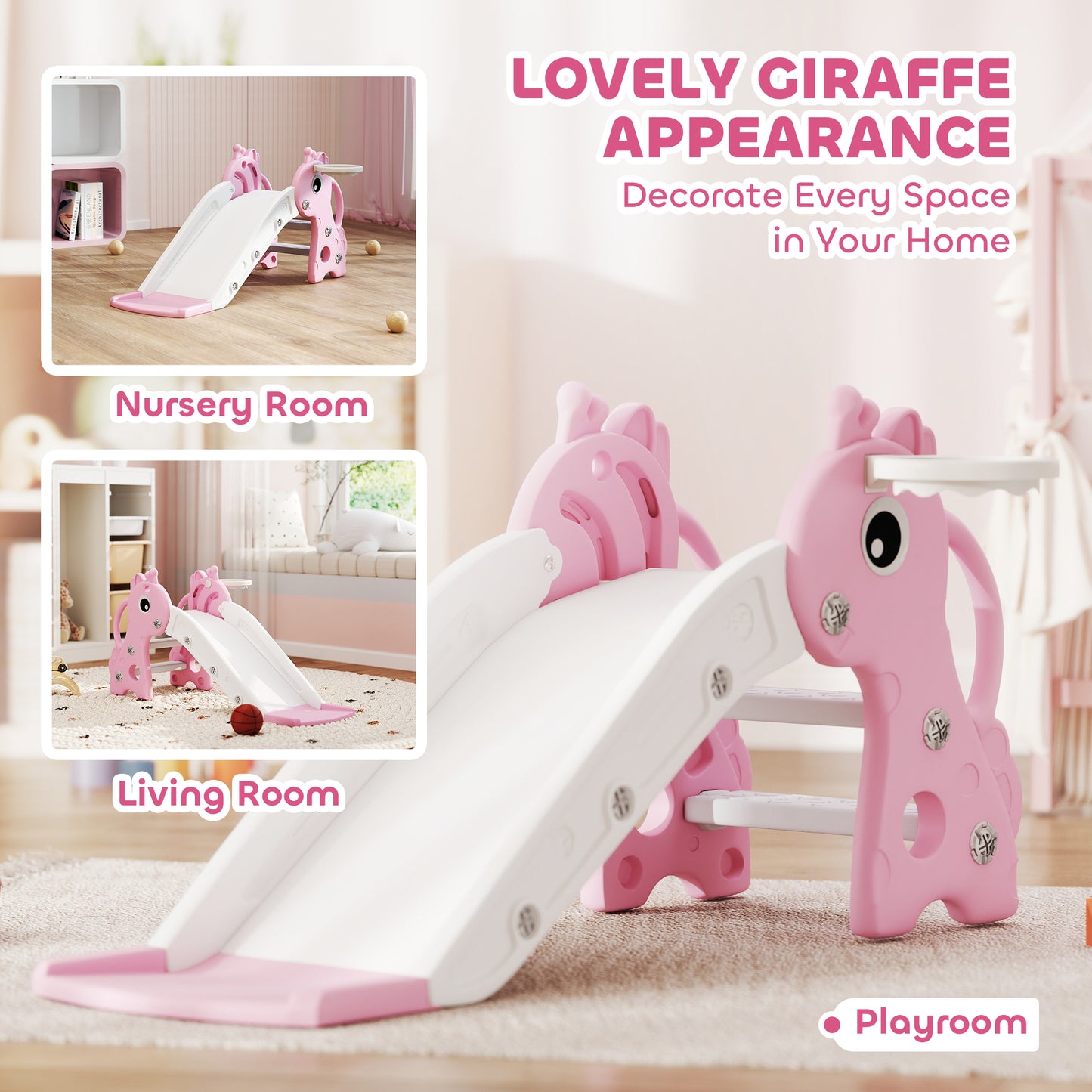 AIYAPLAY 3 in 1 Kids Slide with Climber, Basketball Hoop and Ball, Giraffe Shape Climber Slide for Indoor Kids Age 1-3, Pink
