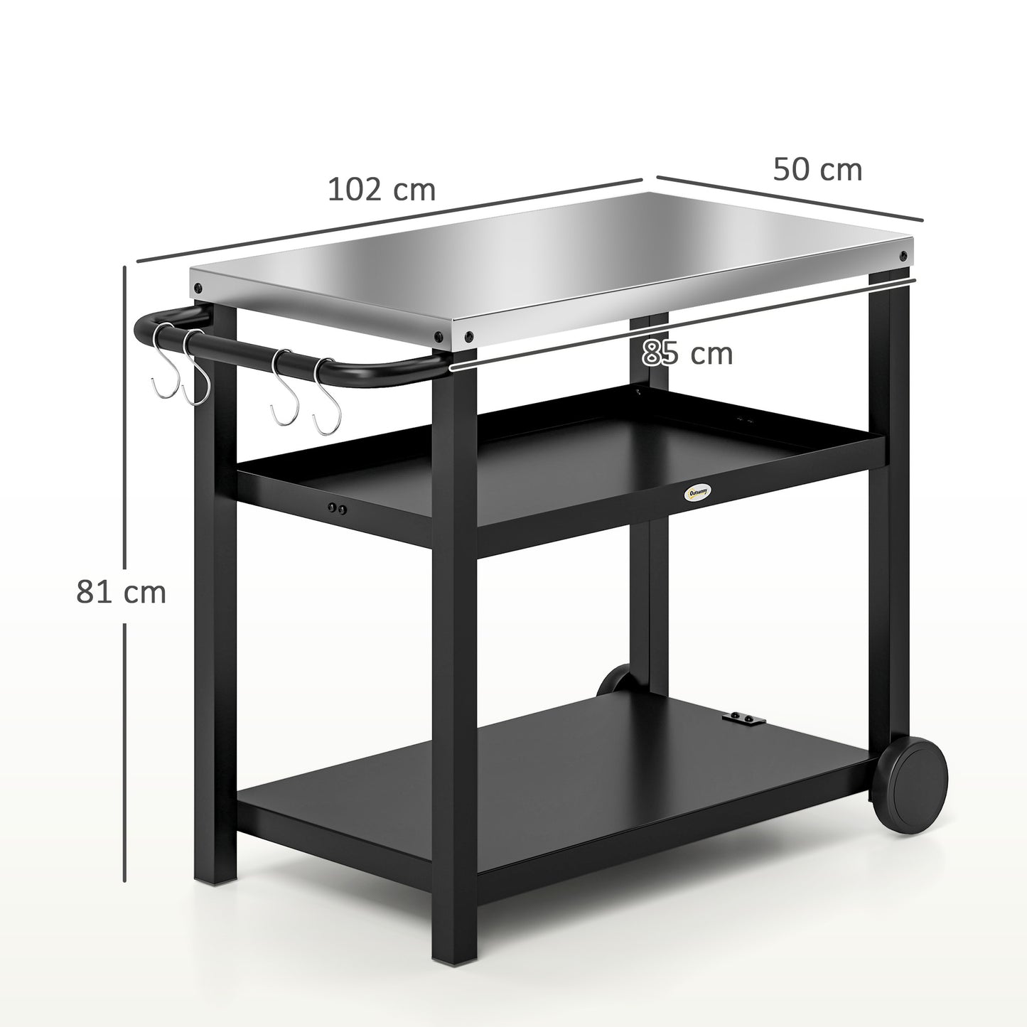 Outsunny Outdoor Grill Dining Cart 3-Shelf Movable Pizza Oven Table Stand with Stainless Steel Top, Portable BBQ Trolley Food Prep Outdoor Kitchen BBQ Station with Hooks Wheels Handle, Charcoal Grey