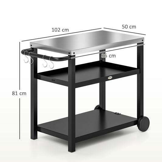 Outsunny Outdoor Grill Dining Cart 3-Shelf Movable Pizza Oven Table Stand with Stainless Steel Top, Portable BBQ Trolley Food Prep Outdoor Kitchen BBQ Station with Hooks Wheels Handle, Charcoal Grey